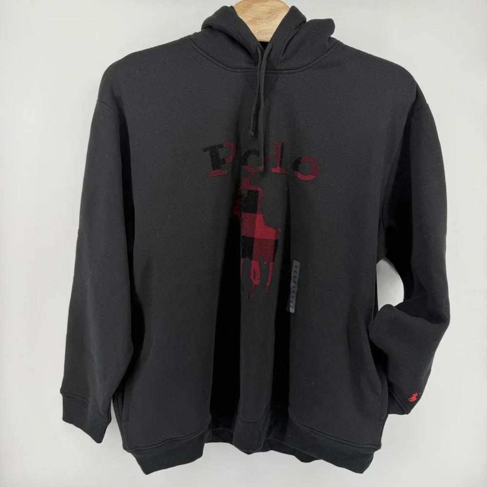 Polo Ralph Lauren Hoodie Men's 3XLT Black Buffalo Plaid‎ Big Pony Logo Pockets